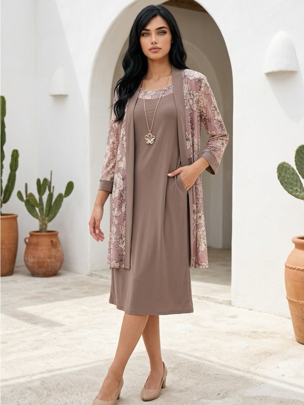 Women's Taupe Lace-Trim Dress & Jacket Set
